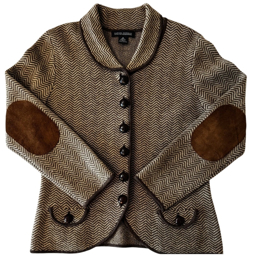Banana Republic Merino Wool Herringbone Cardigan Blazer Brown Elbow Patches M